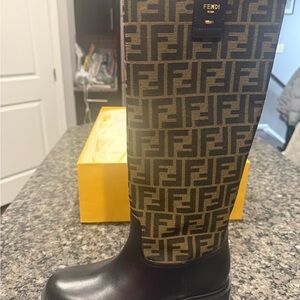 Fendi Black and Brown Monogram Knee-High Boots